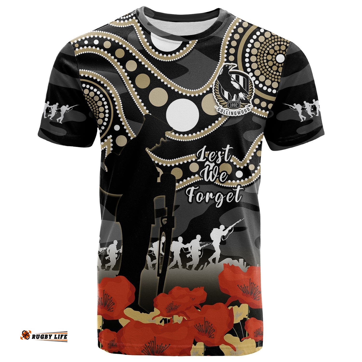 collingwood football anzac 2023 t shirt aboriginal mix poppy camouflage