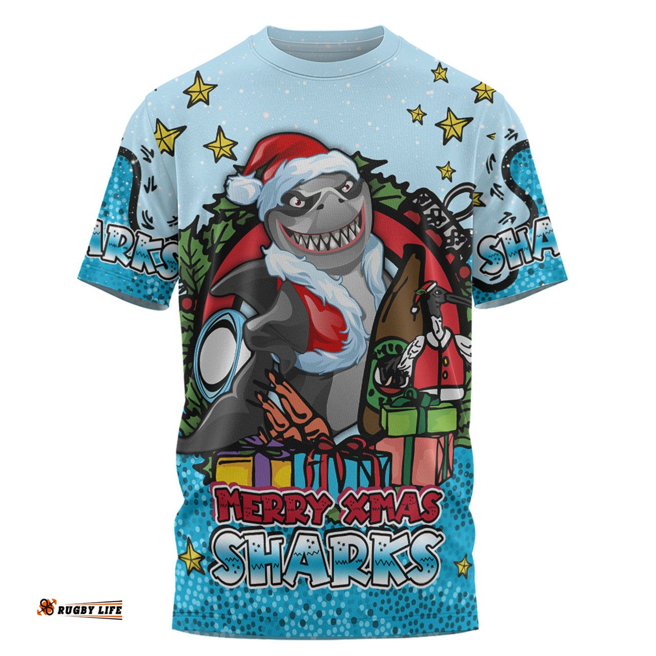 Amazing Aussie Cronulla-Sutherland Sharks Christmas Custom T-shirt - Merry Christmas Our Beloved Team With Aboriginal Dot Art Pattern T-shirt