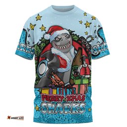 Amazing Aussie Cronulla-Sutherland Sharks Christmas Custom T-shirt - Merry Christmas Our Beloved Team With Aboriginal Dot Art Pattern T-shirt