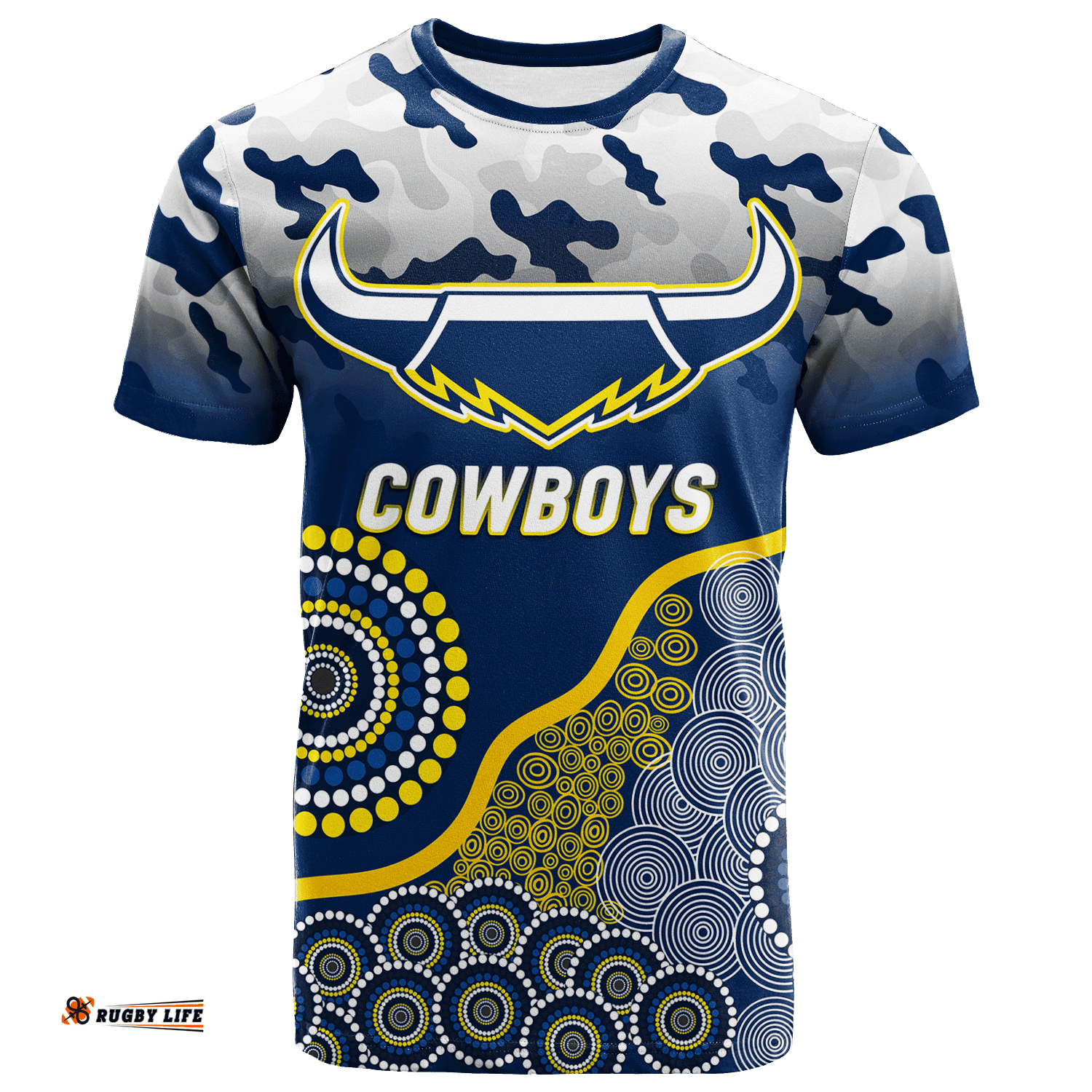 custom personalised cowboys rugby anzac day camouflage indigenous art t shirt