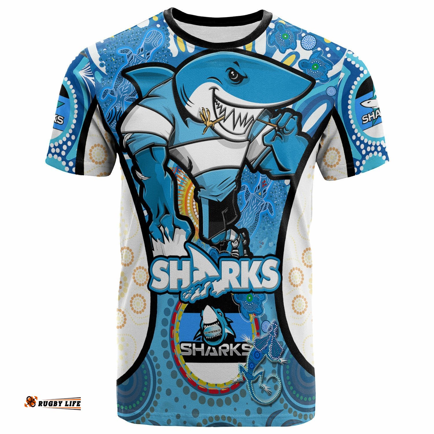 sharks rugby t shirt custom sharkies mascot with aboriginal art personalised player and number t shirt rlt14