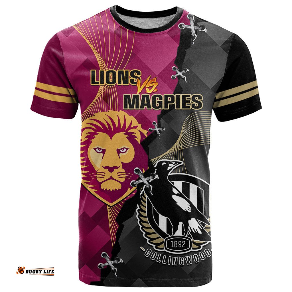 personalised collingwood and lions football t shirt 2023 grand final magpies brisbane together