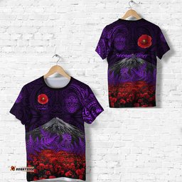 custom personalised warriors rugby t shirt new zealand mount taranaki with poppy flowers anzac vibes purple