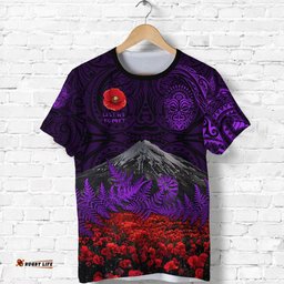 custom personalised warriors rugby t shirt new zealand mount taranaki with poppy flowers anzac vibes purple