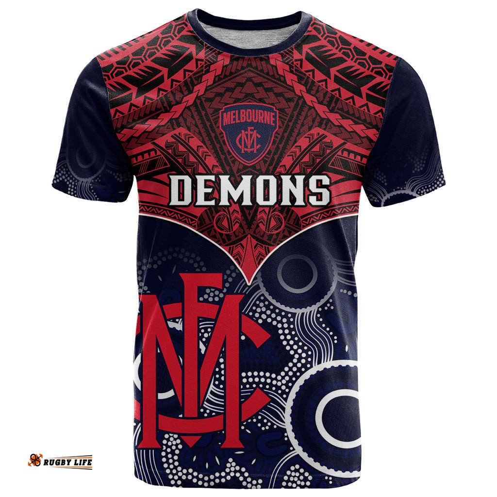 personalised melbourne football t shirt go demons aboriginal mix polynesian pattern