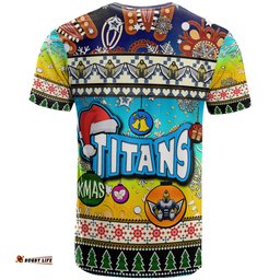 Amazing Aussie Gold Coast Titans Christmas T-Shirt - Custom Xmas Gold Coast Titans Christmas Balls, Snowflake With Aboriginal Inspired Patterns T-Shirt