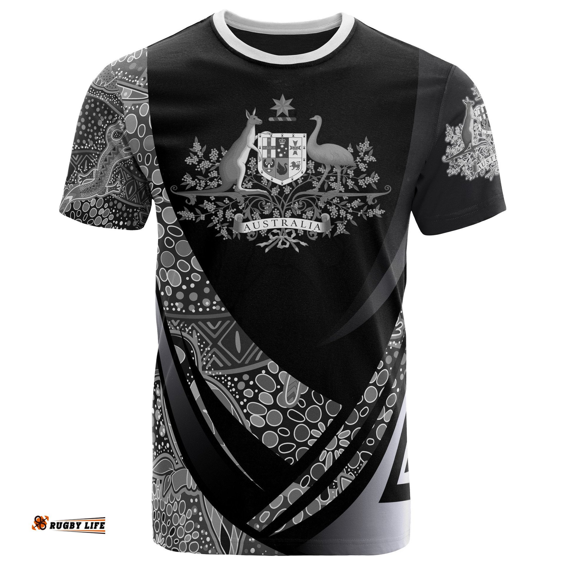 t shirt australia coat of arms aboriginal patterns