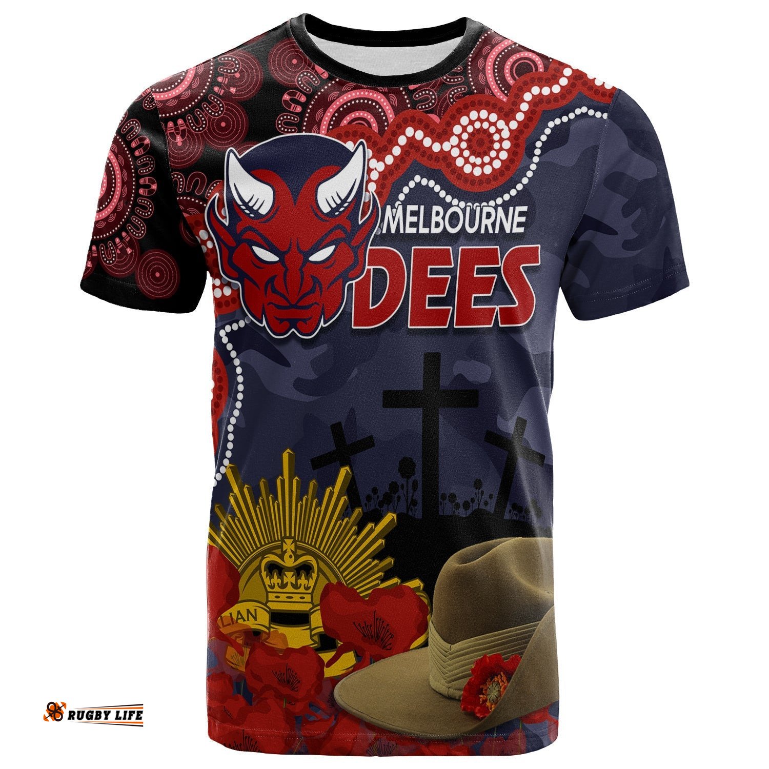 melbourne dees football anzac 2023 t shirt aboriginal mix slouch hat