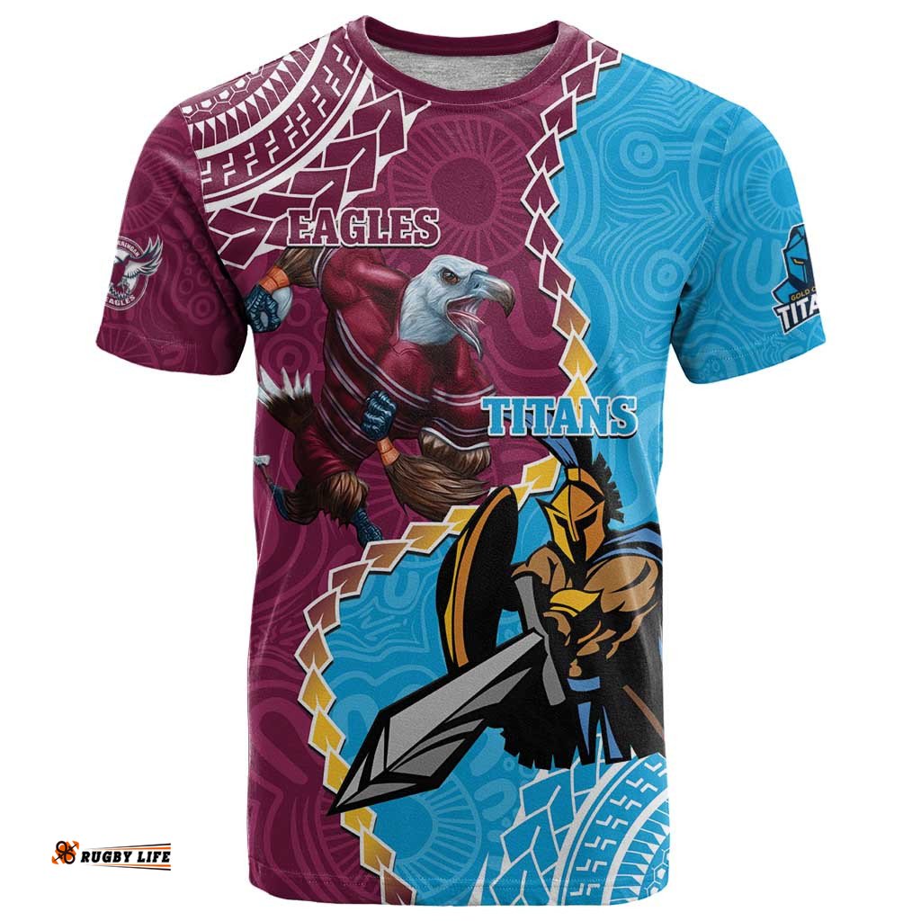 personalised eagles and titans rugby t shirt aboriginal mix polynesian pattern