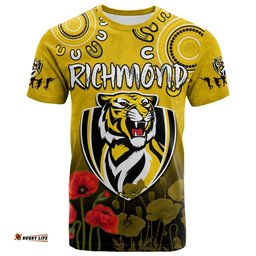 custom text and number richmond anzac 2022 t shirt tigers aboriginal poppy