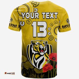 custom text and number richmond anzac 2022 t shirt tigers aboriginal poppy