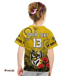 custom text and number richmond anzac 2022 t shirt tigers aboriginal poppy