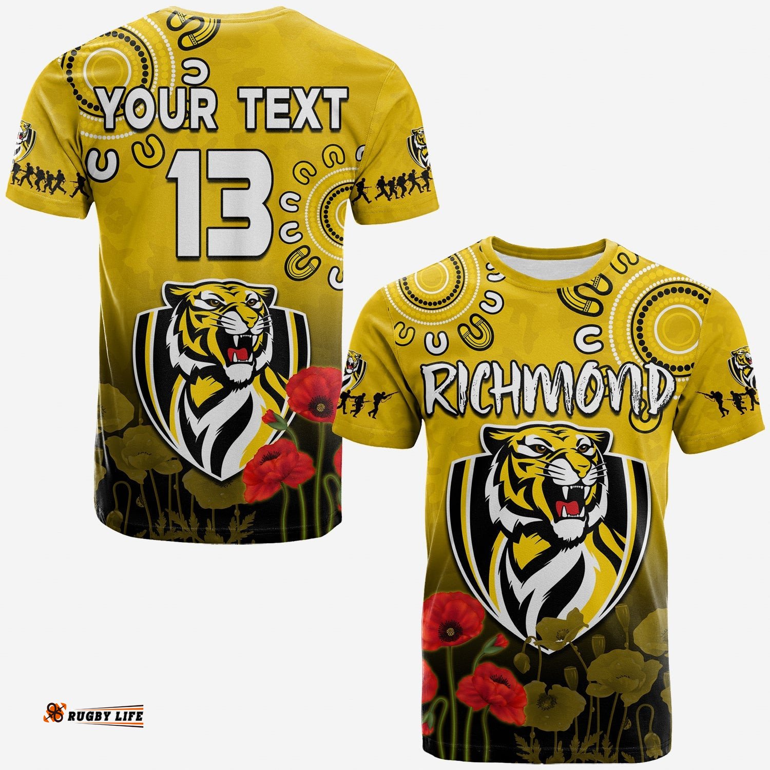 custom text and number richmond anzac 2022 t shirt tigers aboriginal poppy