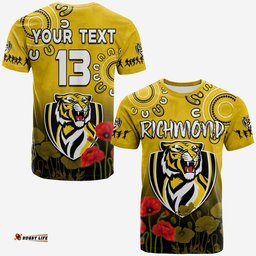 custom text and number richmond anzac 2022 t shirt tigers aboriginal poppy