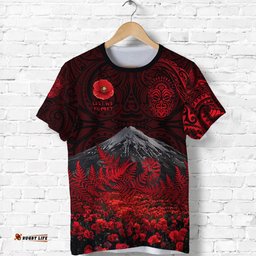custom personalised warriors rugby t shirt new zealand mount taranaki with poppy flowers anzac vibes red custom text and number