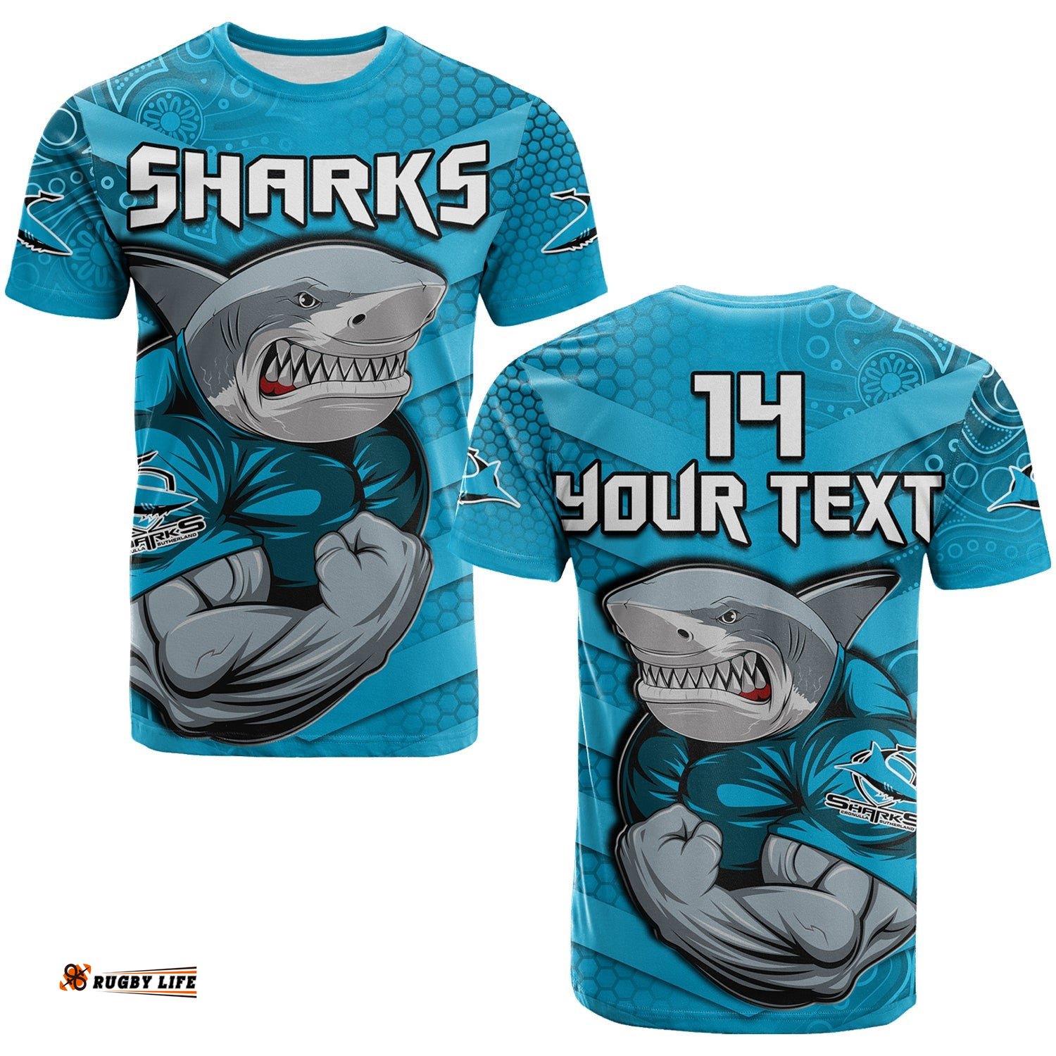 custom text and number sharks rugby t shirt go sharkies aboriginal sporty version