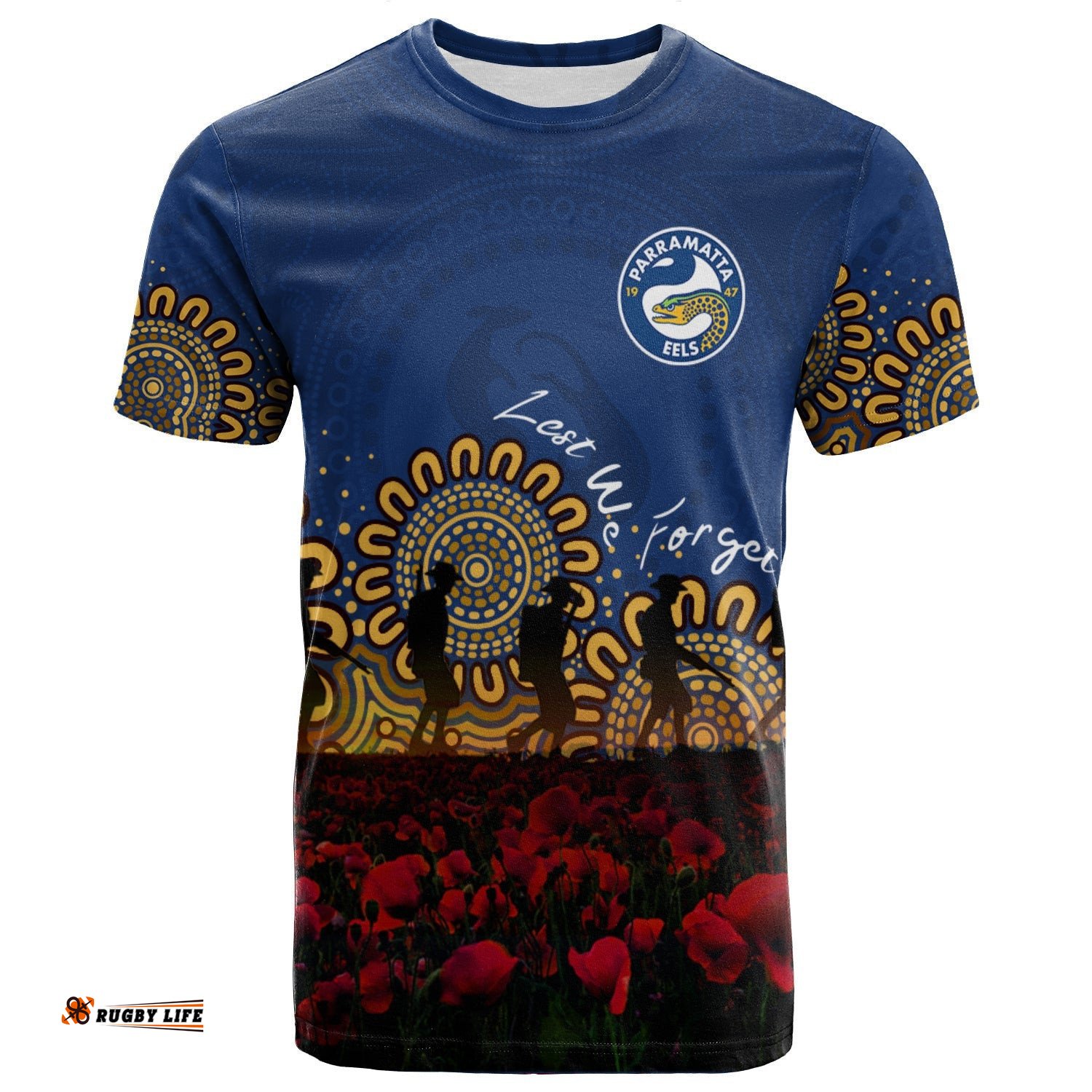 parramatta eels t shirt personalized aboriginal rugby anzac day poppy with soldiers nrl 0