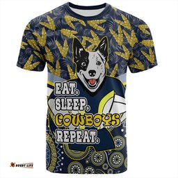 Amazing Aussie North Queensland Cowboys T-Shirt - Tropical Patterns And Dot Painting Eat Sleep Rugby Repeat