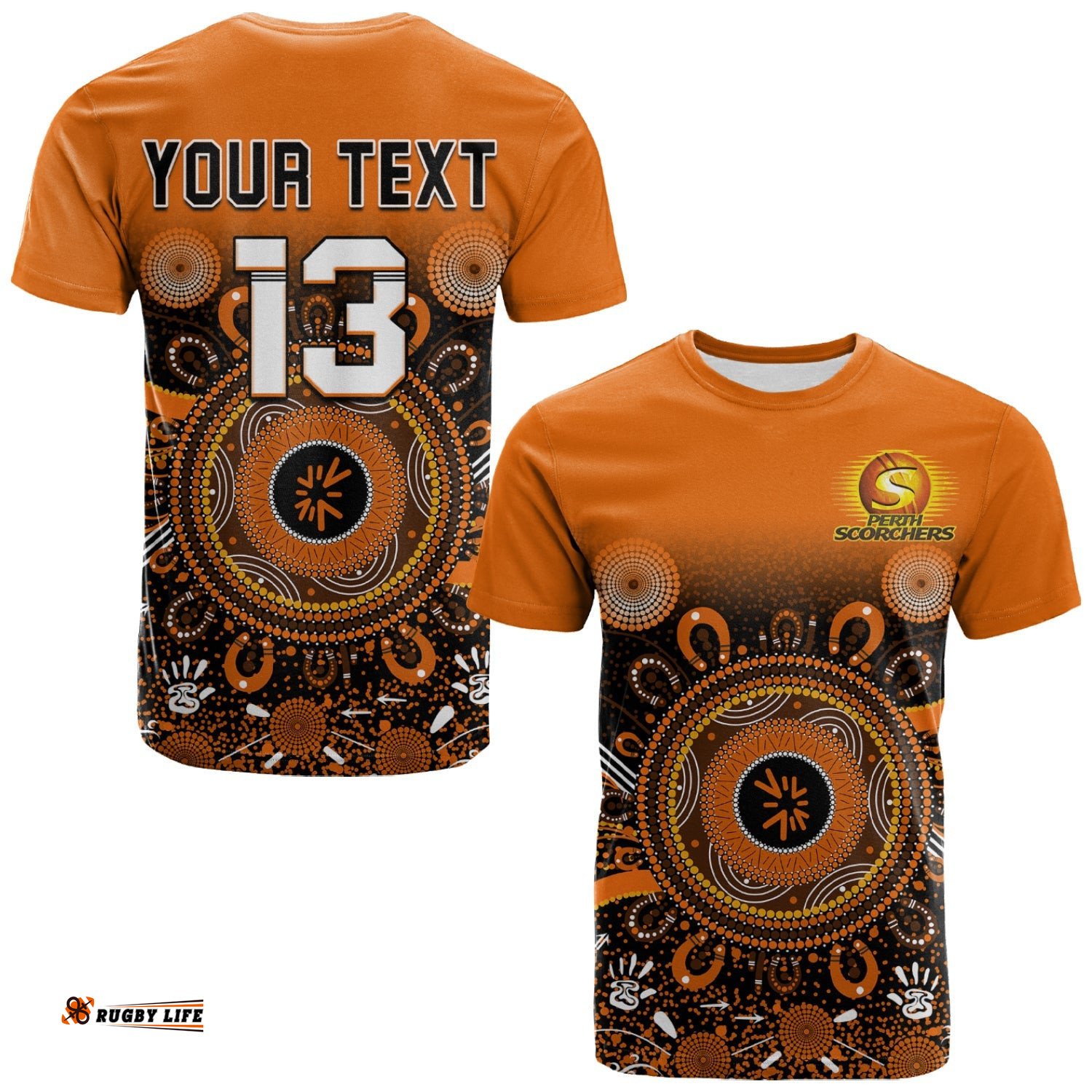 custom text and number perth scorchers t shirt aboriginal sunshine