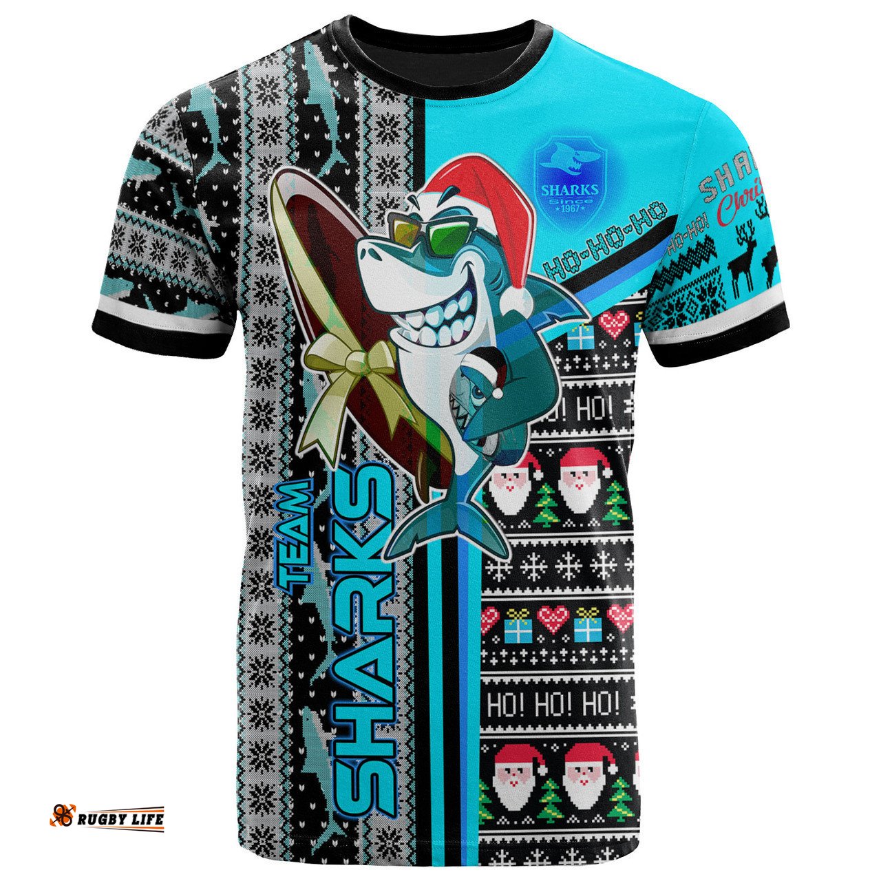 Amazing Aussie Cronulla-Sutherland Sharks Christmas T-shirt - Custom Sharkies Surfrider Christmas With Snowflakes Ho Ho Ho T-shirt