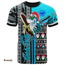 Amazing Aussie Cronulla-Sutherland Sharks Christmas T-shirt - Custom Sharkies Surfrider Christmas With Snowflakes Ho Ho Ho T-shirt