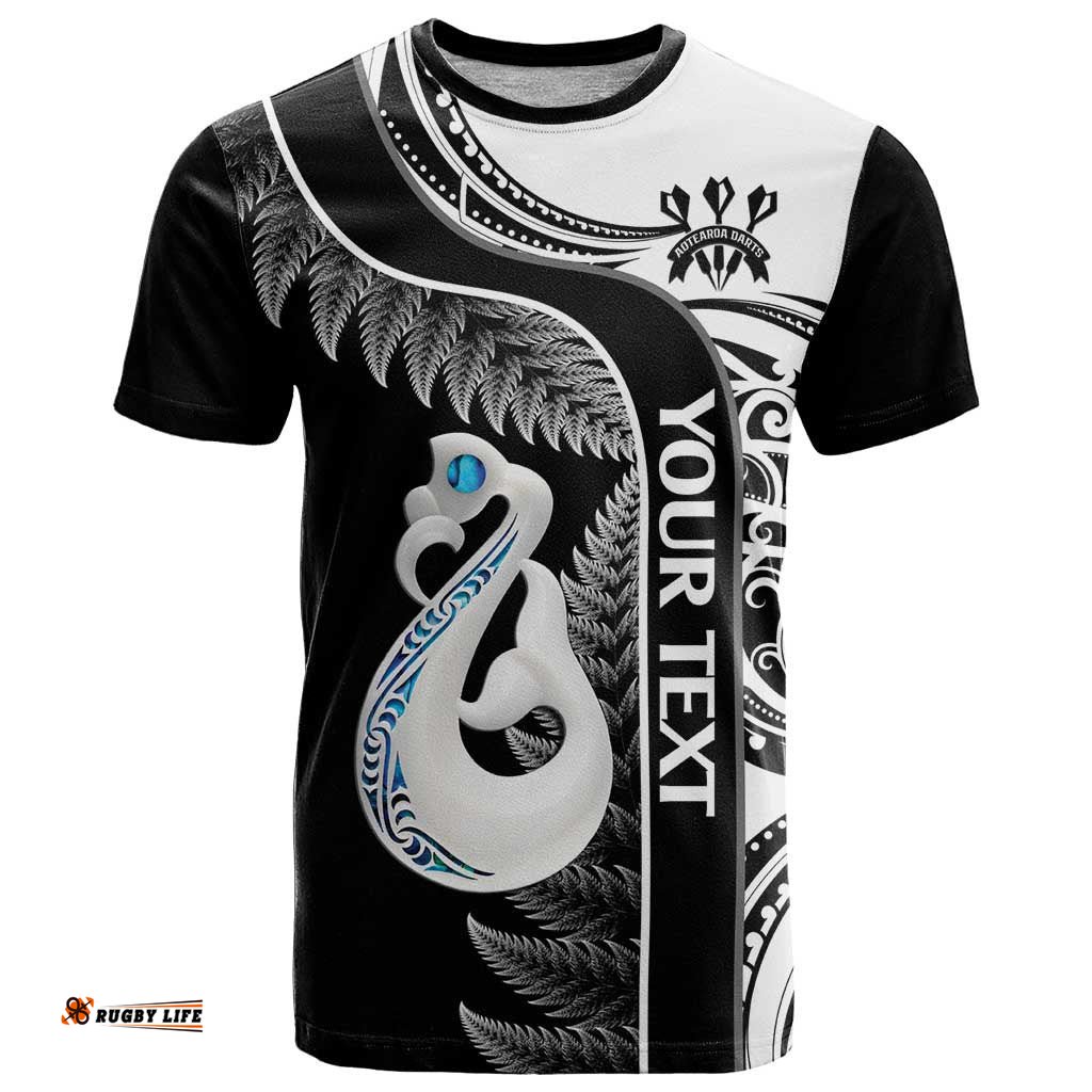 personalised new zealand darts t shirt aotearoa fern mix paua shell manaia black