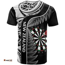 personalised new zealand darts t shirt aotearoa fern mix paua shell manaia black