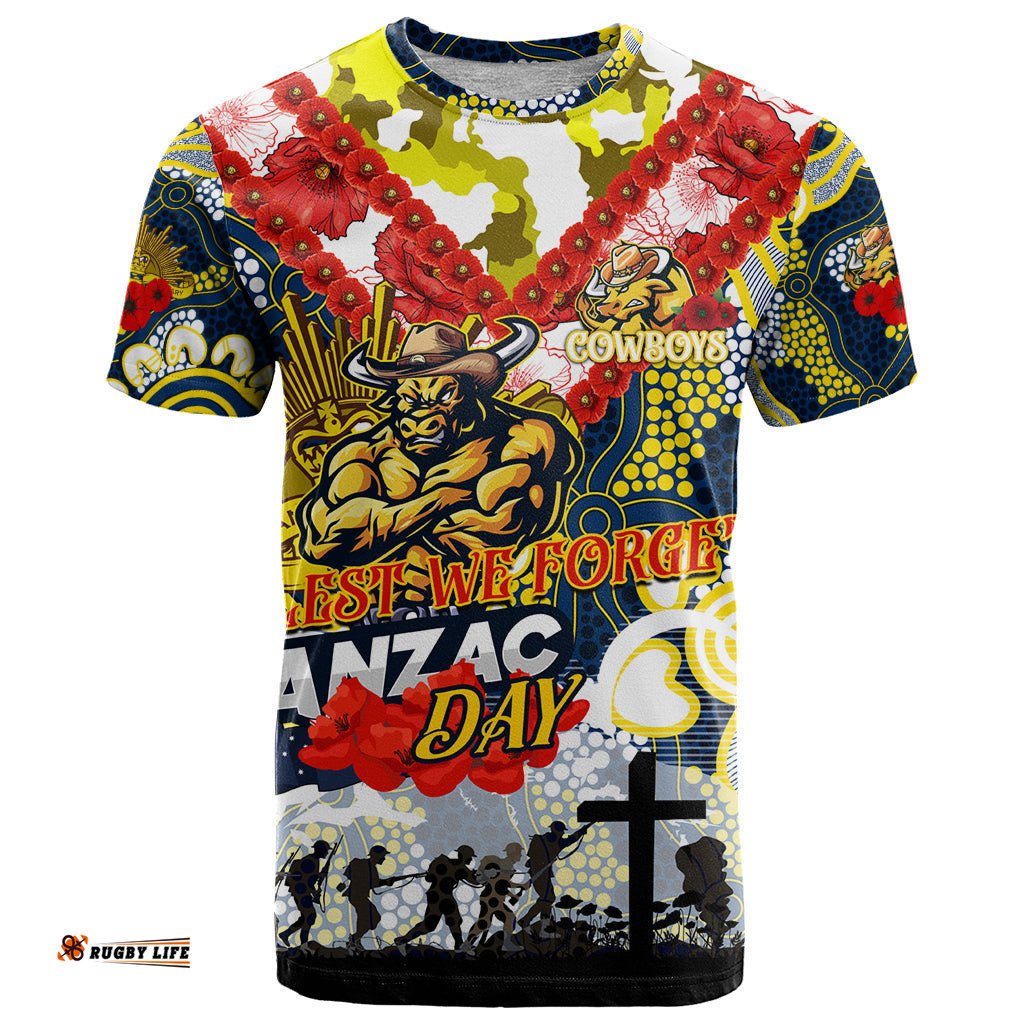 personalised cowboys anzac day t shirt aboriginal rising sun dt02