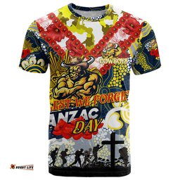 personalised cowboys anzac day t shirt aboriginal rising sun dt02