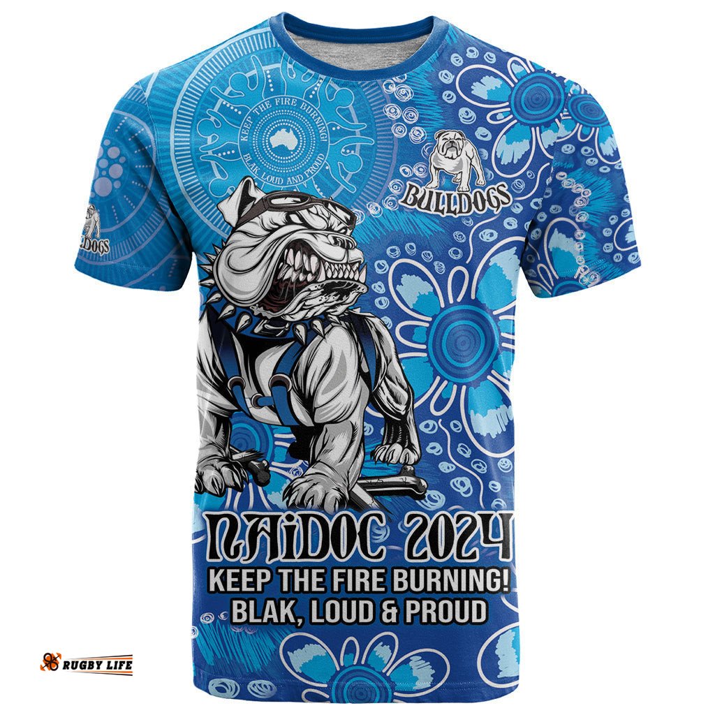 personalised bulldogs naidoc week 2024 t shirt aboriginal fire burning sparks