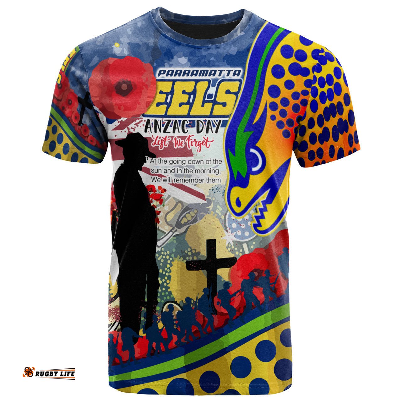 eels rugby australia anzac day lest we forget custom t shirt remembrance eels with anzac poppy watercolour style rlt13