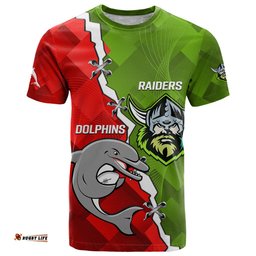 personalised dolphins and raiders rugby t shirt 2023 sporty version