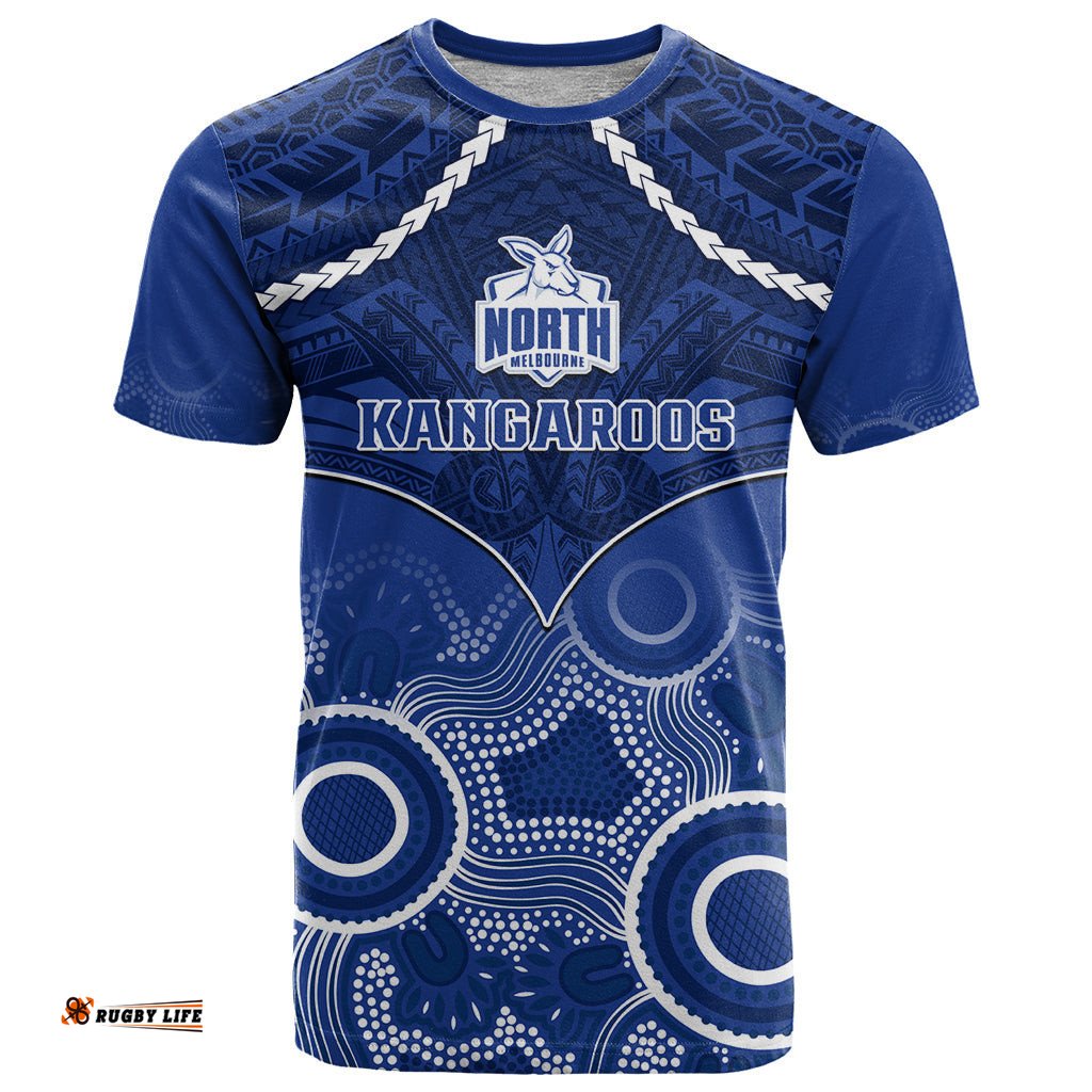 personalised north melbourne football t shirt kangaroos aboriginal mix polynesian pattern