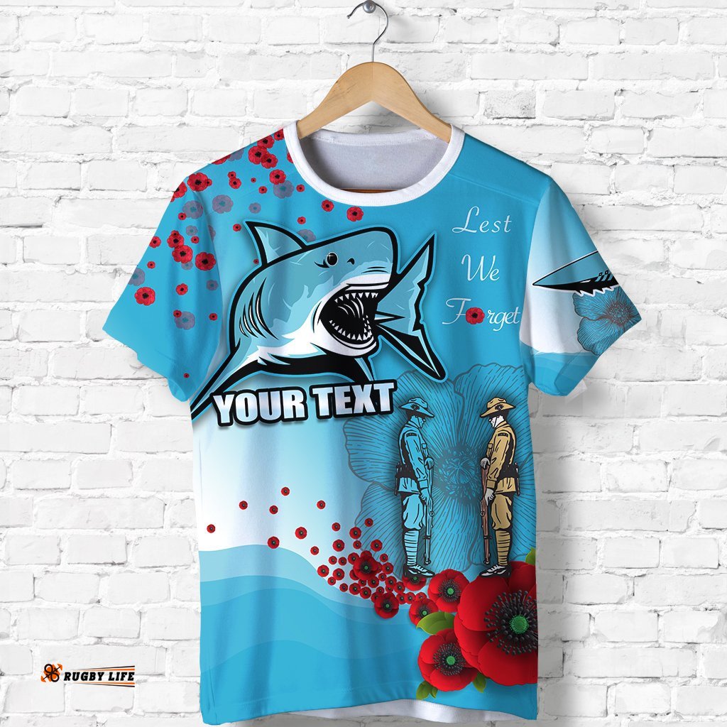 custom personalised anzac sharks t shirt cronulla lest we forget