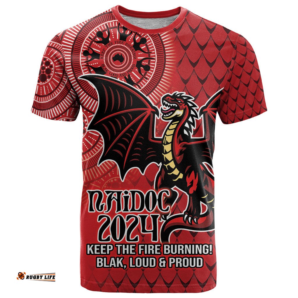 personalised dragons naidoc week 2024 t shirt aboriginal fire burning sparks