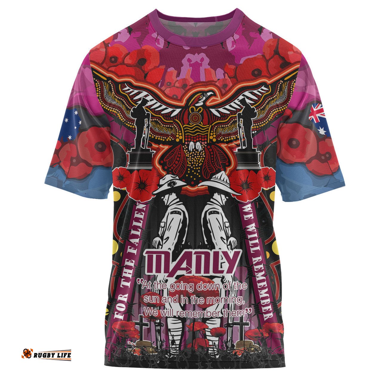 Amazing Aussie Manly Warringah Sea Eagles Anzac Custom T-shirt - Remembrance Manly Anzac Day With Poppy Flower Watercolour Style