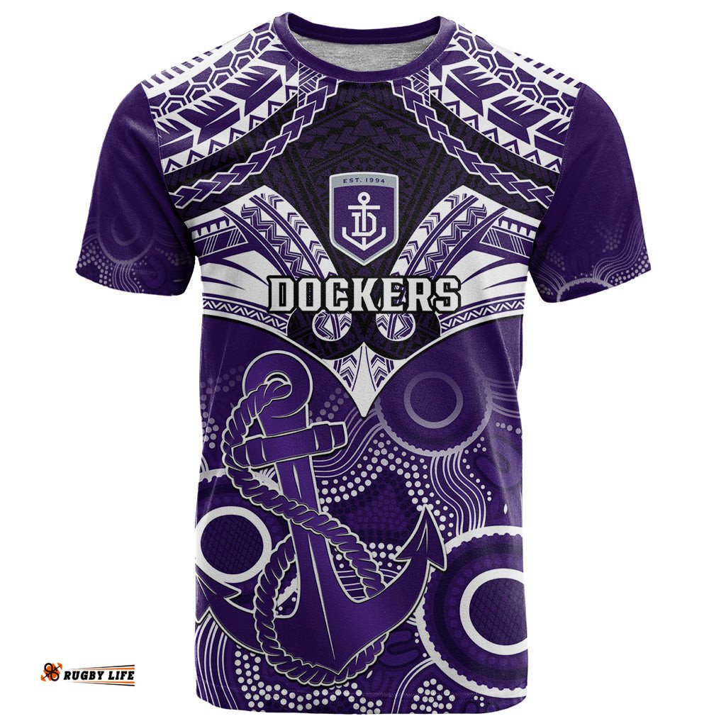 personalised dockers football t shirt fremantle aboriginal mix polynesian pattern