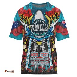 Amazing Aussie Cronulla-Sutherland Sharks Anzac Watercolour Custom T-shirt - Remembrance Sharkies Anzac Day With Poppy Flower T-shirt