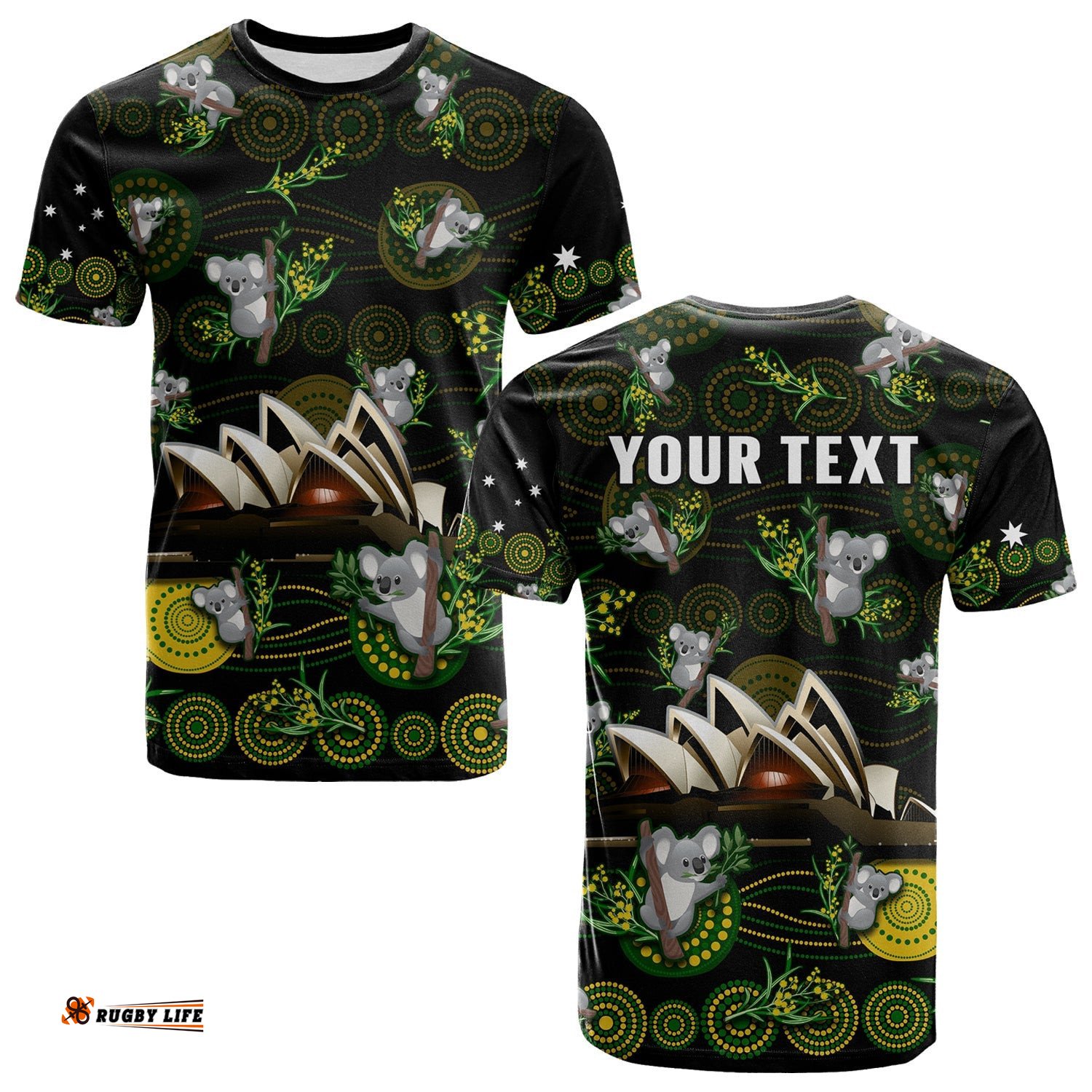 custom personalised australia t shirt aboriginal golden wattle mix koala and sydney opera house