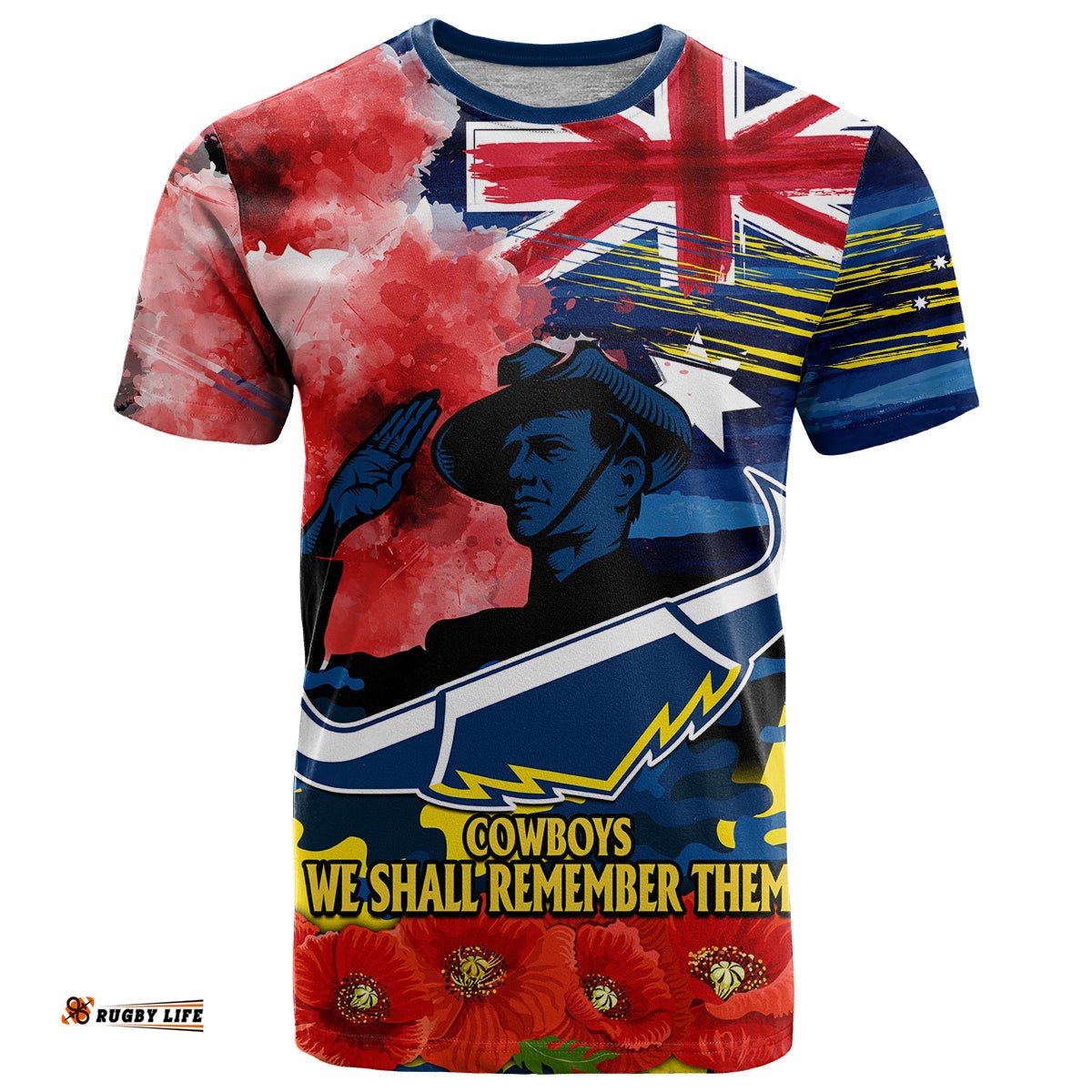 custom personalised anzac cowboys rugby t shirt we shall remember
