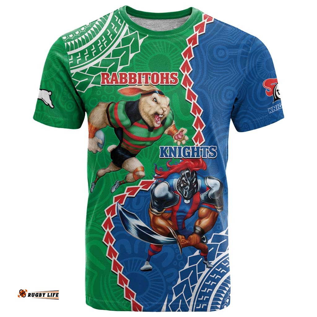 personalised rabbitohs and knights rugby t shirt aboriginal mix polynesian pattern
