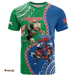 personalised rabbitohs and knights rugby t shirt aboriginal mix polynesian pattern