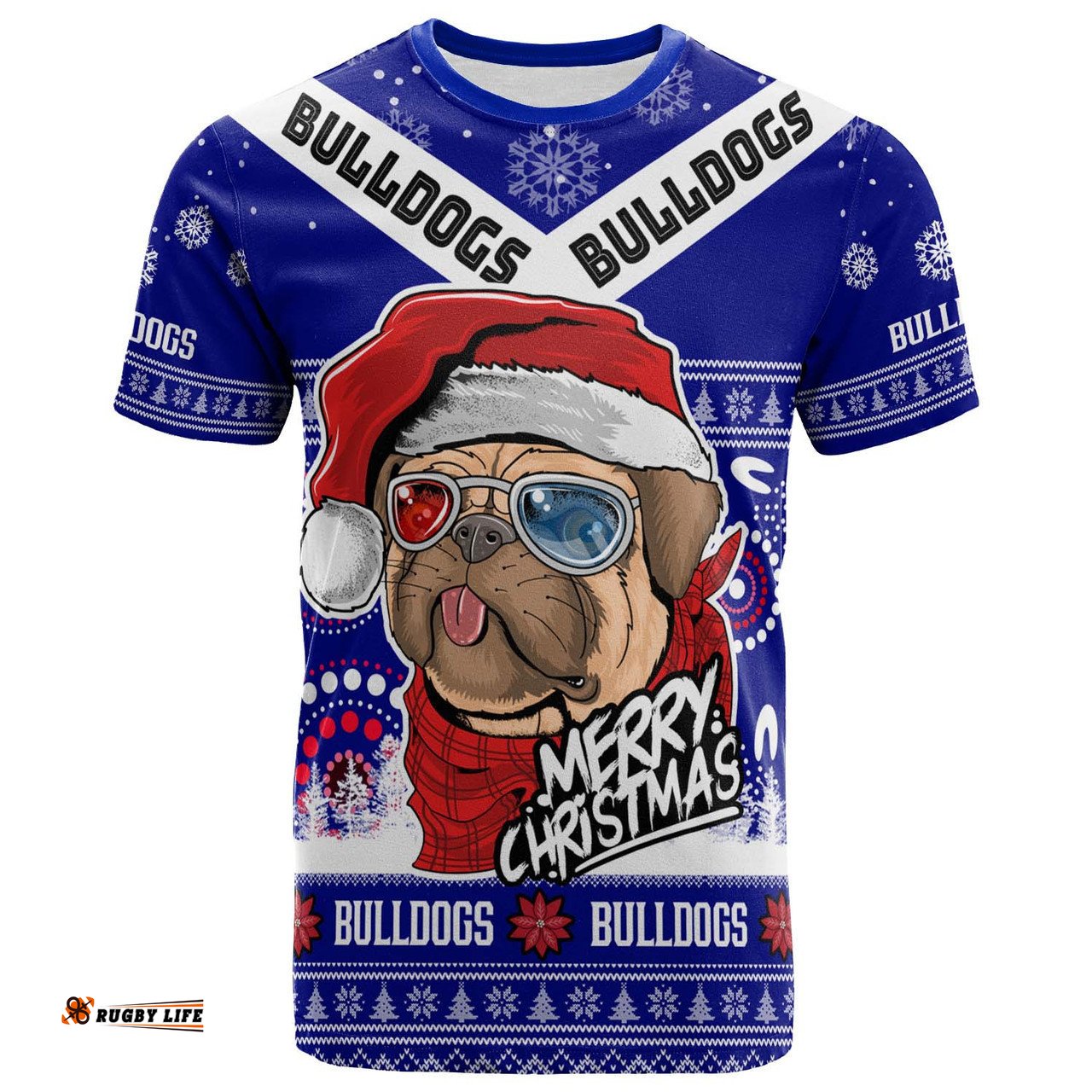 Amazing Aussie Canterbury-Bankstown Bulldogs Christmas T-Shirt - Custom Canterbury-Bankstown Bulldogs Ugly Christmas And Aboriginal Inspired Patterns T-Shirt