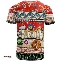 Amazing Aussie Redcliffe Dolphins Christmas T-shirt - Custom Xmas Redcliffe Dolphins Christmas Balls, Snowflake With Aboriginal Inspired Patterns T-shirt