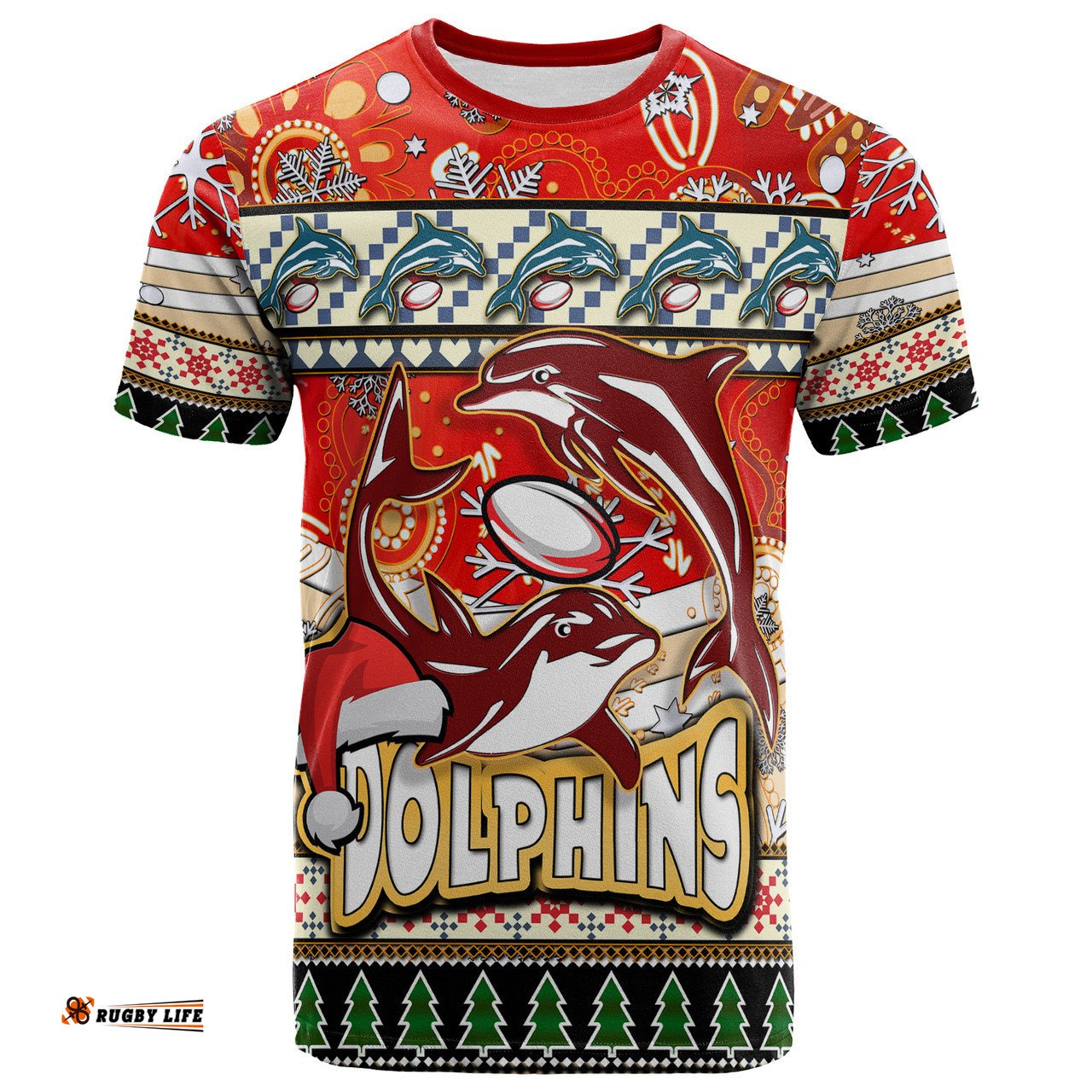 Amazing Aussie Redcliffe Dolphins Christmas T-shirt - Custom Xmas Redcliffe Dolphins Christmas Balls, Snowflake With Aboriginal Inspired Patterns T-shirt