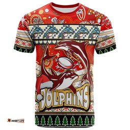 Amazing Aussie Redcliffe Dolphins Christmas T-shirt - Custom Xmas Redcliffe Dolphins Christmas Balls, Snowflake With Aboriginal Inspired Patterns T-shirt