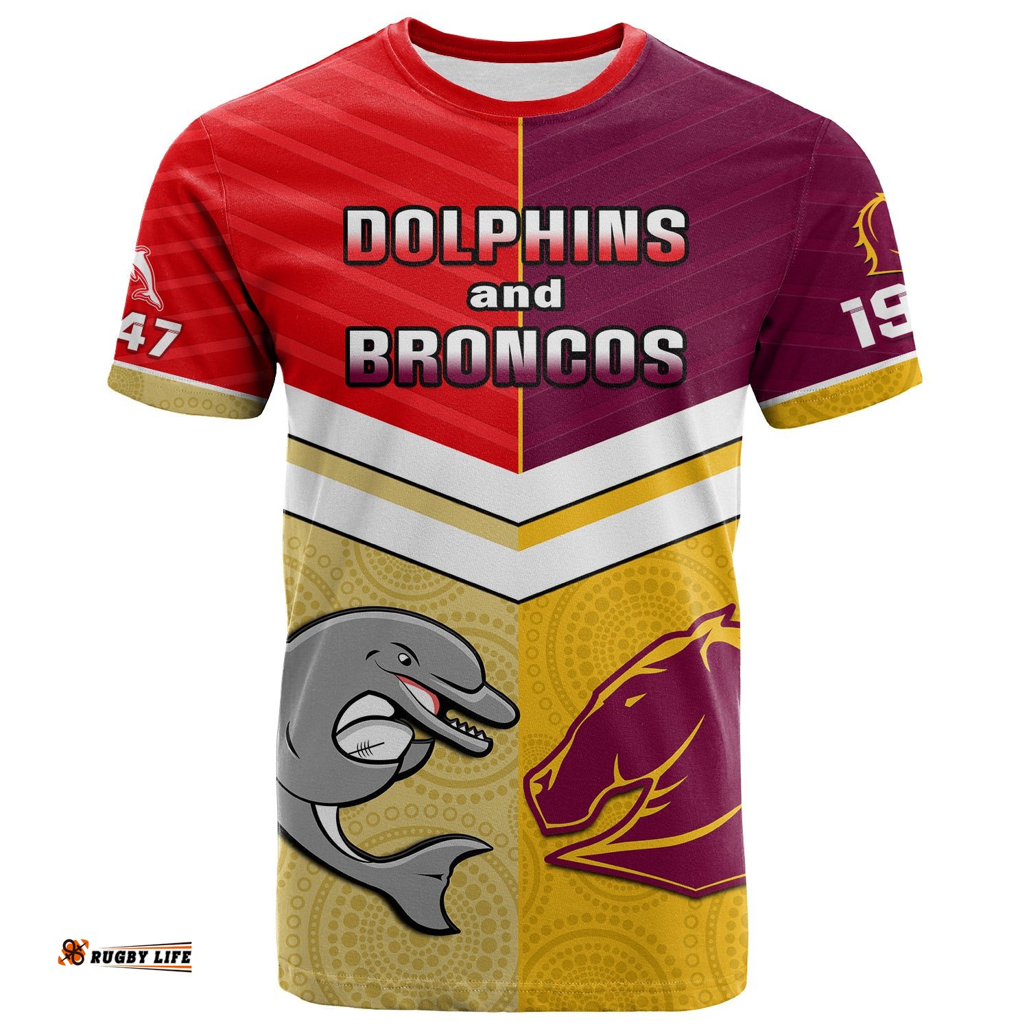 dolphins mix broncos rugby t shirt indigenous art