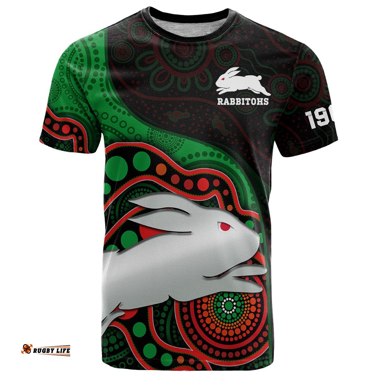 custom text and number rabbitohs rugby t shirt go souths indigenous art