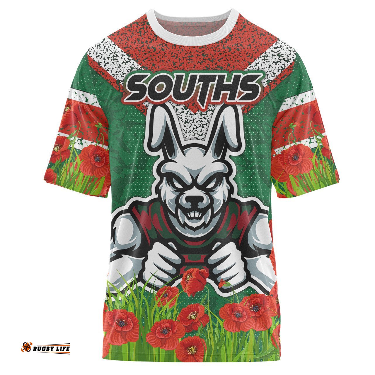 Amazing Aussie South Sydney Rabbitohs T-shirt - Custom Souths with Anzac Poppy T-shirt
