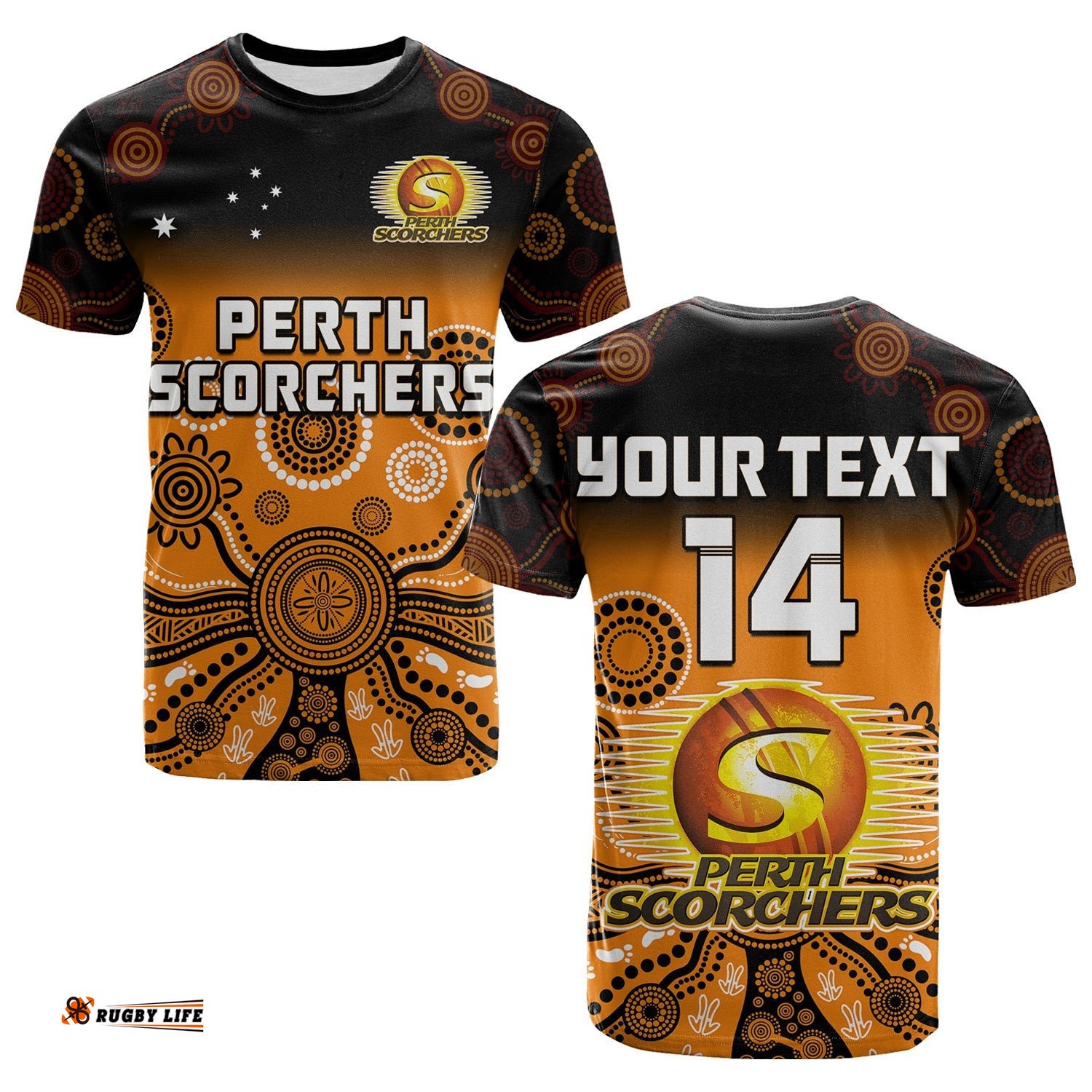 custom text and number perth scorchers t shirt gradient aboriginal dot painting
